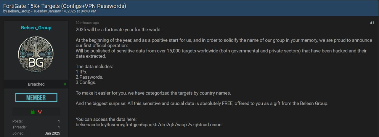 Annonce du groupe de cybercriminels Belsen Group sur un forum clandestin, qui revendique la publication de données sensibles issues de plus de 15 000 pare-feu FortiGate
