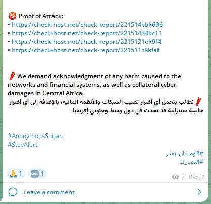 Capture du post de Anonymous Sudan sur Télégram