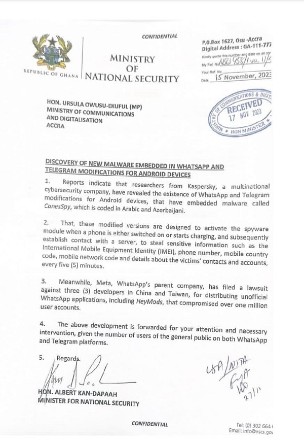 Communiqué du Ministère ghanéen de la Sécurité Nationale en date de novembre sur l’alerte 