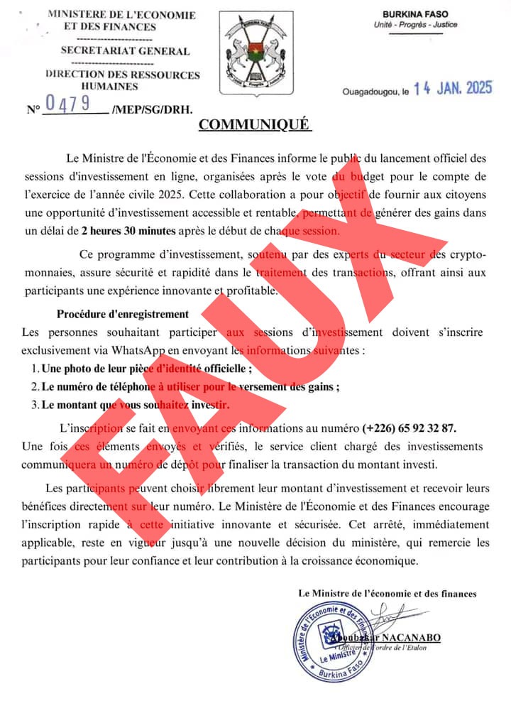 La BCLCC dénonce une nouvelle escroquerie utilisant l’identité du Ministère de l’Économie des Finances et de la Prospective du Burkina