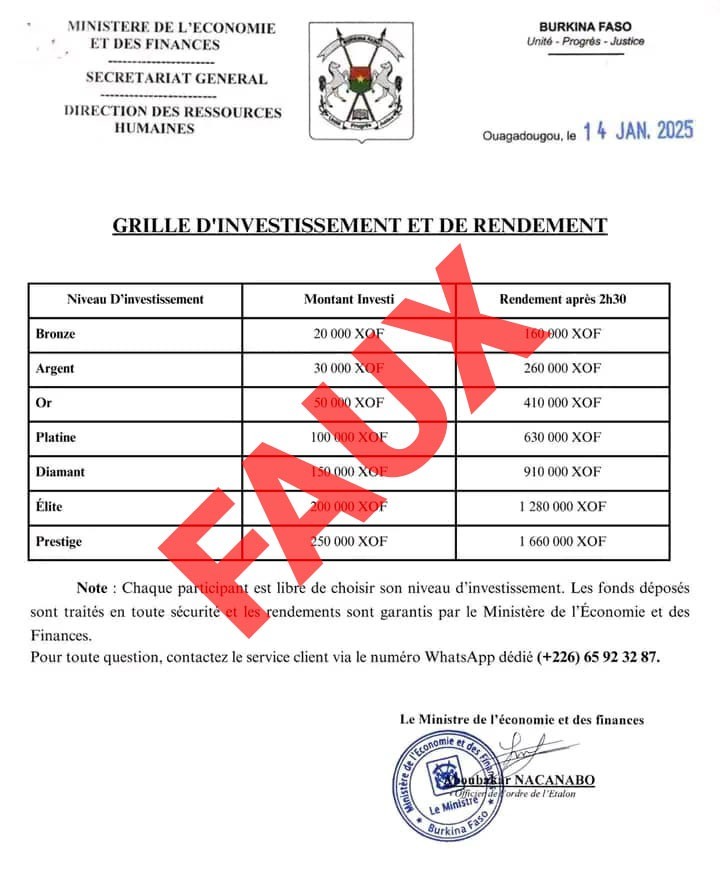 La BCLCC dénonce une nouvelle escroquerie utilisant l’identité du Ministère de l’Économie des Finances et de la Prospective du Burkina